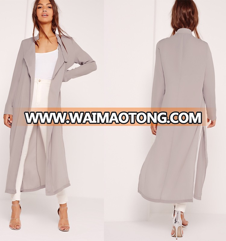 HSC3016 Latest design women winter coats tie choker chiffon duster coat grey latest pant coat picture